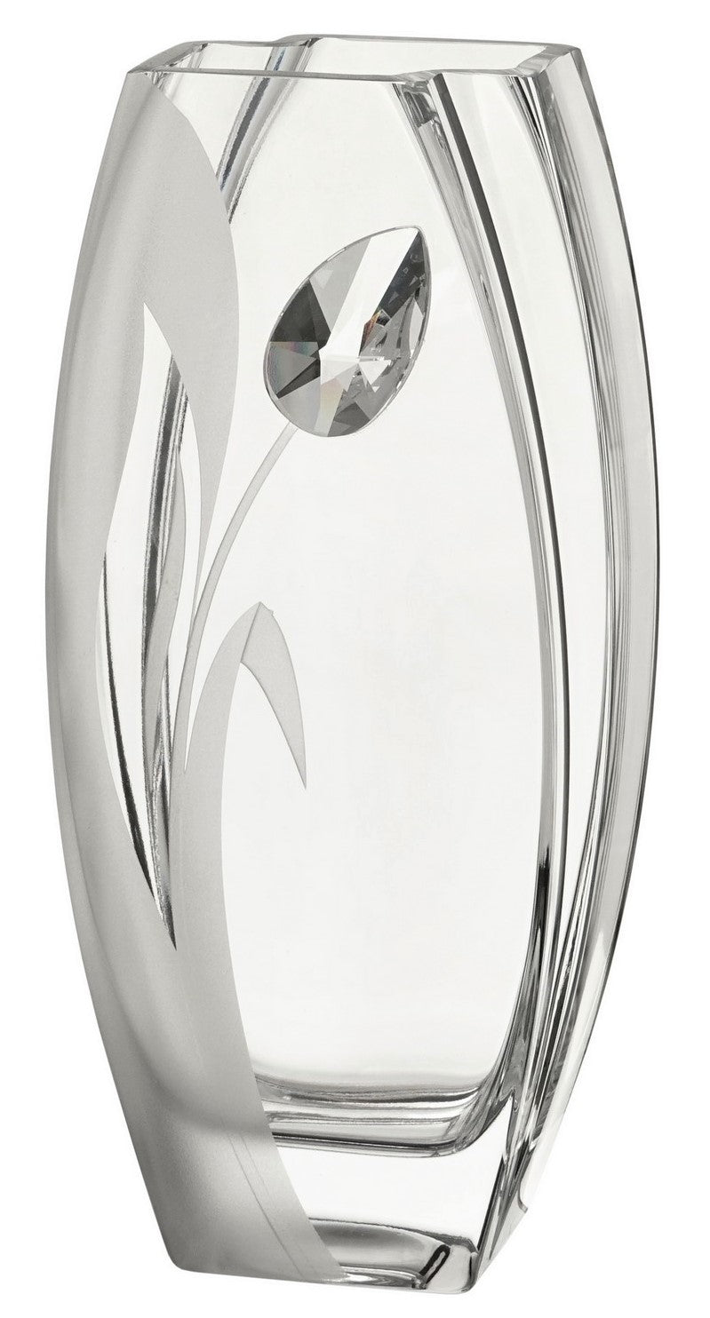 Luxury Hand Blown Glass Vase - Large Crystal from Swarovski & Etched Tulip Flower, Clear Glass - Satin Gift Box - 10.2 in (26 cm)