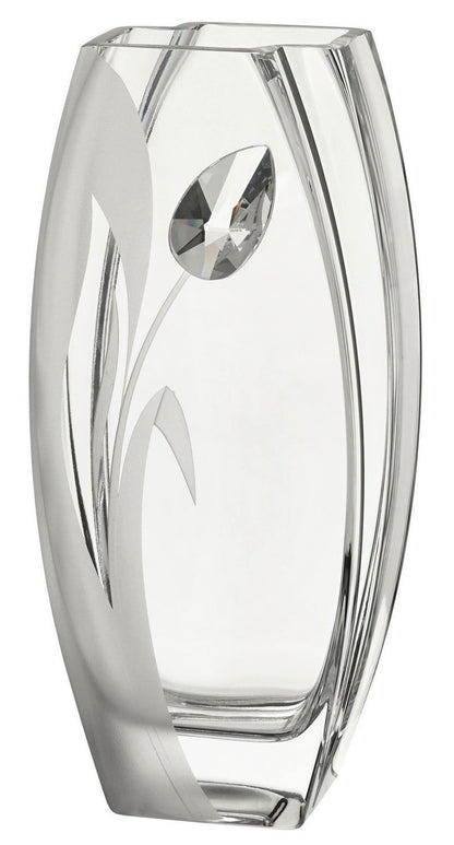 Luxury Hand Blown Glass Vase - Large Crystal from Swarovski & Etched Tulip Flower, Clear Glass - Satin Gift Box - 10.2 in (26 cm)