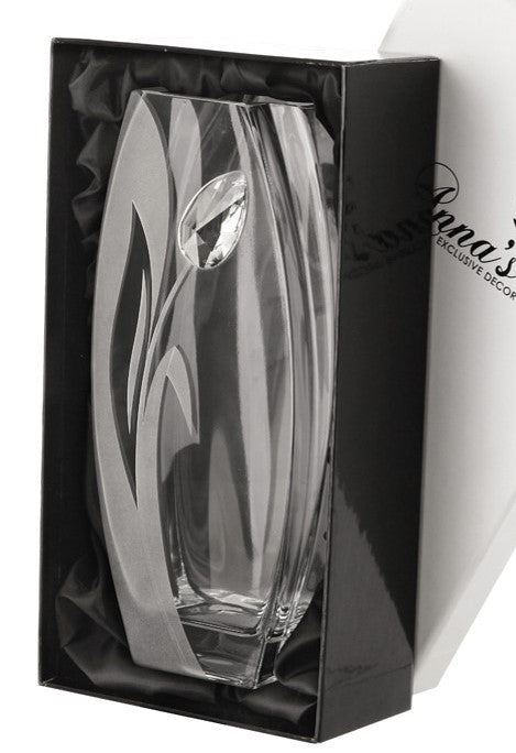 Luxury Hand Blown Glass Vase - Large Crystal from Swarovski & Etched Tulip Flower, Clear Glass - Satin Gift Box - 10.2 in (26 cm)