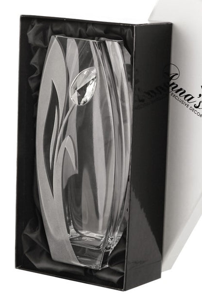 Luxury Hand Blown Glass Vase - Large Crystal from Swarovski & Etched Tulip Flower, Clear Glass - Satin Gift Box - 10.2 in (26 cm)