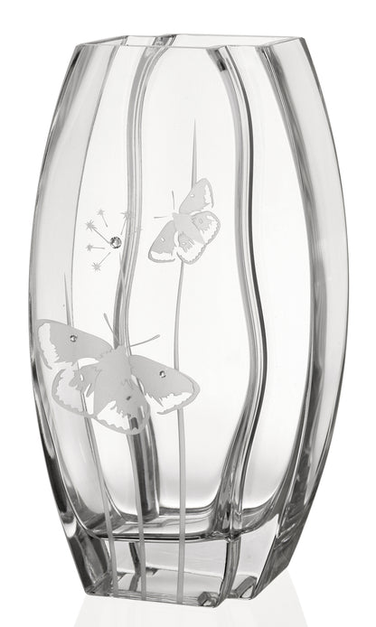 Butterfly Vase - Luxury Hand Blown Glass Vase - Crystals from Swarovski & Etched Butterflies, Clear Glass - 11.8 in (30 cm)