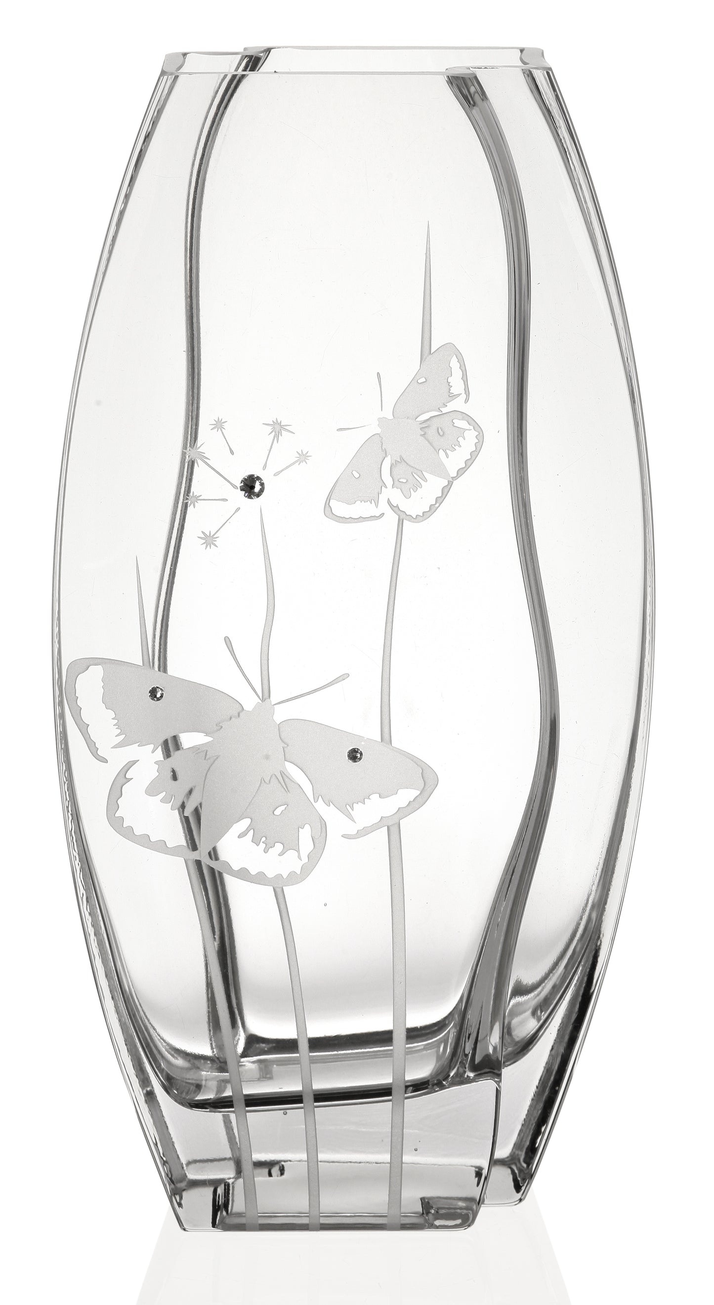 Butterfly Vase - Luxury Hand Blown Glass Vase - Crystals from Swarovski & Etched Butterflies, Clear Glass - 11.8 in (30 cm)