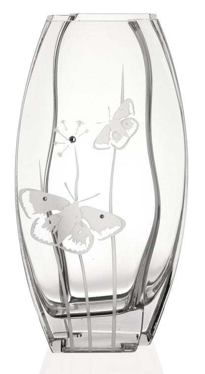 Butterfly Vase - Luxury Hand Blown Glass Vase - Crystals from Swarovski & Etched Butterflies, Clear Glass - 11.8 in (30 cm)