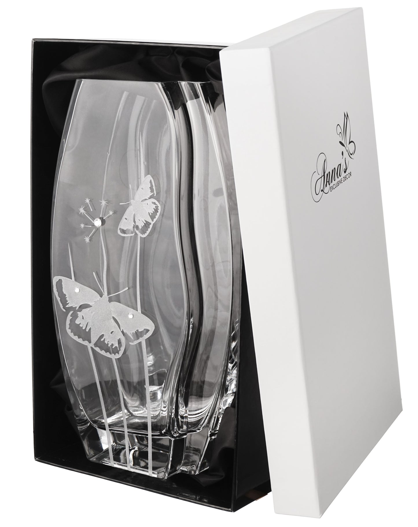 Butterfly Vase - Luxury Hand Blown Glass Vase - Crystals from Swarovski & Etched Butterflies, Clear Glass - 11.8 in (30 cm)