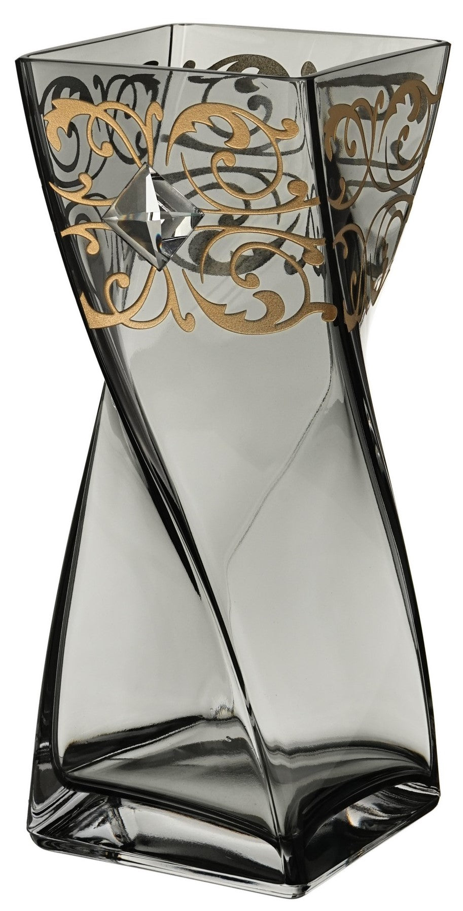 Large Luxury Grey Vase 30 cm - Large Crystal from Swarovski & Golden Pattern - Hand Blown Vase, Smokey Coloured Glass - 11.8 in (30 cm)