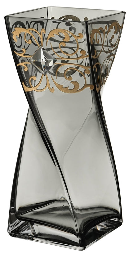 Large Luxury Grey Vase 30 cm - Large Crystal from Swarovski & Golden Pattern - Hand Blown Vase, Smokey Coloured Glass - 11.8 in (30 cm)