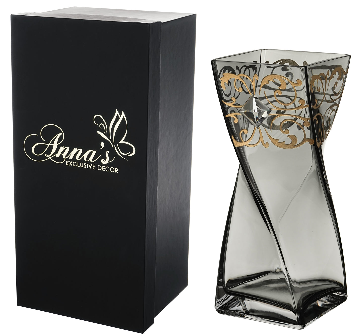Large Luxury Grey Vase 30 cm - Large Crystal from Swarovski & Golden Pattern - Hand Blown Vase, Smokey Coloured Glass - 11.8 in (30 cm)