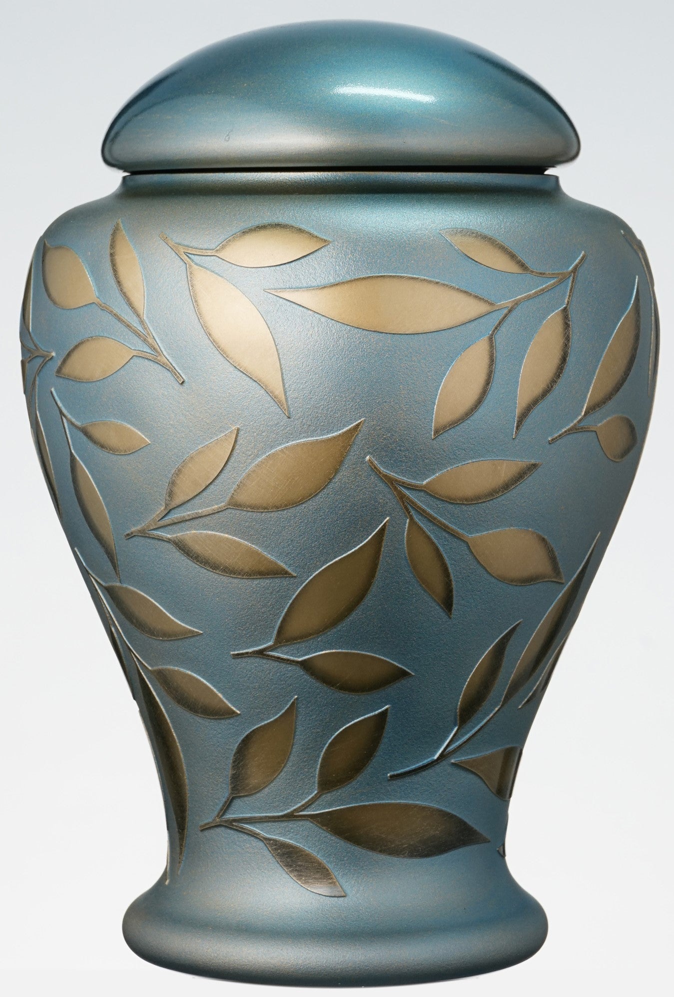 Large Blue Memorial Urn for Human Ashes - Handmade Glass Cremation Urn - Etched Painted Golden Leaves - Light Blue & Gold - Vol. 183 cubic inch (3 L)