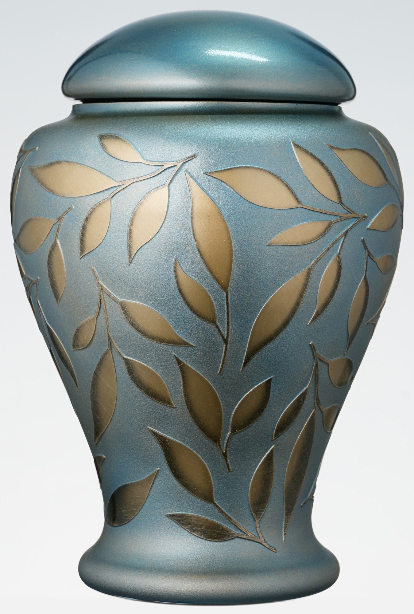 Large Blue Memorial Urn for Human Ashes - Handmade Glass Cremation Urn - Etched Painted Golden Leaves - Light Blue & Gold - Vol. 183 cubic inch (3 L)