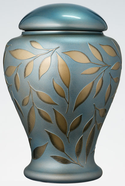 Large Blue Memorial Urn for Human Ashes - Handmade Glass Cremation Urn - Etched Painted Golden Leaves - Light Blue & Gold - Vol. 183 cubic inch (3 L)