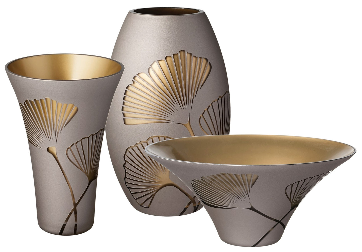 Golden Glass Vase - Etched and Painted Gold Ginkgo Leaves - Hand Blown Glass for Elegant Home Wedding Decor - Brown, Gold - 9.1 in (23 cm)