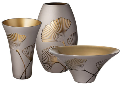 Golden Glass Vase - Etched and Painted Gold Ginkgo Leaves - Hand Blown Glass for Elegant Home Wedding Decor - Brown, Gold - 9.1 in (23 cm)