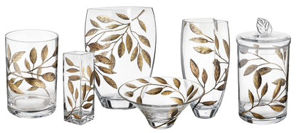 Luxury Hand Blown Glass Vase - Etched & Painted Gold Leaves - Unique Shape Vase Gold - 11.4 in (29 cm)