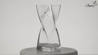 Dragonfly Vase - Luxury Hand Blown Glass Vase - Crystal from Swarovski & Etched Dragonfly - Suqare Clear Vase - 7.9 in (20 cm)