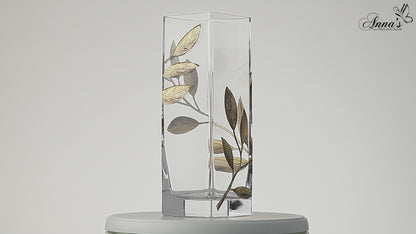 Luxury Hand Blown Glass Vase - Etched & Painted Golden Leaves - Square Vase Gold - 9.8 in (25 cm)