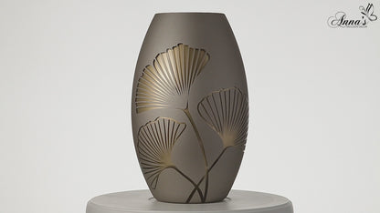 Golden Glass Vase - Etched and Painted Gold Ginkgo Leaves - Hand Blown Glass for Elegant Home Wedding Decor - Brown, Gold - 9.1 in (23 cm)