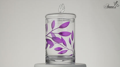 Decorative Glass Storage Container with Lid - Food Candy Display Jar Large - Etched Painted Leaves Decor - 11.4 in (29 cm) (Purple)