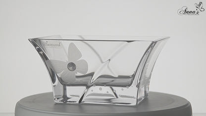 Small Hand Blown Glass Bowl - Crystal from Swarovski & Etched Butterfly, Clear Glass - Small Fruit Nuts Bowl, Candy Dish - Dia: 7 in (18 cm)