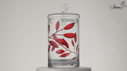 Handmade Mouth-Blown Glass Storage Jar with Lid, Luxury Red Etched Leaves, Kitchen/Bathroom Decor, 11.4 in (29 cm)
