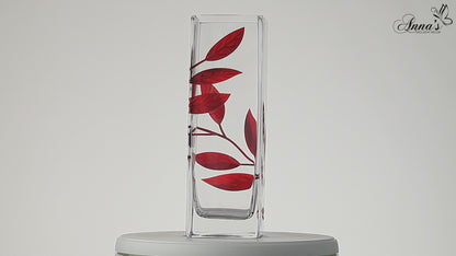 Luxury Hand Blown Glass Vase - Etched & Painted Ruby Leaves - Square Vase Red - 9.8 in (25 cm)