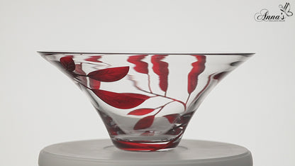 Decorative Glass Bowl Fruit Display - Etched & Hand Painted Ruby Leaves - Mouth Blown Glass - Red - D: 10.2 in (26 cm)