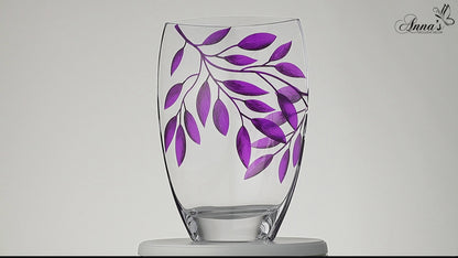 Large Hand Blown Glass Vase 30 cm - Etched & Painted Purple Leaves Décor - Almond Shape Vase Purple - 11.8 in