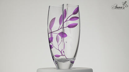 Luxury Hand Blown Glass Vase - Etched & Painted Purple Leaves - Unique Shape Vase Purple - 11.4 in (29 cm)