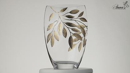 Large Hand Blown Glass Vase 30 cm - Etched & Painted Gold Leaves Decor - Almond Shape Vase Gold - 11.8 in