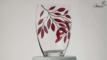 Large Hand Blown Glass Vase 30 cm - Etched & Painted Ruby Leaves Decor - Almond Schape Vase Red  -11.8 in