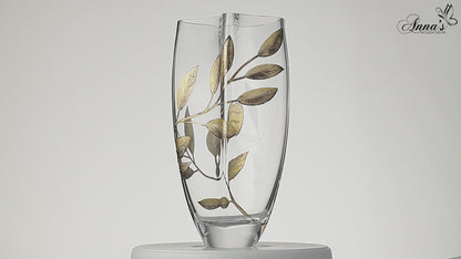 Luxury Hand Blown Glass Vase - Etched & Painted Gold Leaves - Unique Shape Vase Gold - 11.4 in (29 cm)