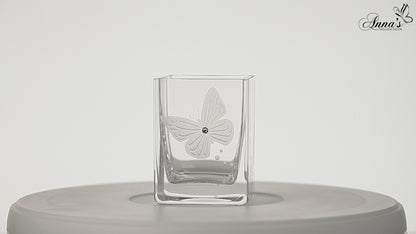 Butterfly Tea Light Holder with Crystal & Etched Butterfly - Mouth Blown Candleholder in Luxury Gift Box - 3.1 in (8 cm)