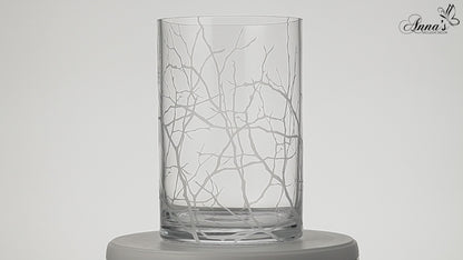 Mouth Blown Hurricane Candleholder with Etched Tree Branches - Elegant Home Decor - 8.7 in (22 cm)