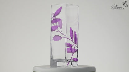 Luxury Hand Blown Glass Vase - Etched & Painted Purple Leaves - Square Vase Purple - 9.8 in (25 cm)