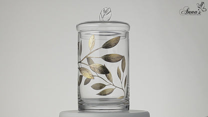 Decorative Glass Storage Container with Lid - Food Candy Display Jar Large - Etched Painted Leaves Decor - 11.4 in (29 cm) (Gold)