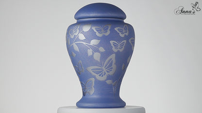 Large Blue Memorial Urn for Human Ashes - Handmade Glass Cremation Urn - Etched Painted Silver Butterflies & Leaves - Blue & Silver - Vol.183 cubic inch (3L)