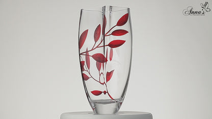 Luxury Hand Blown Glass Vase - Etched & Painted Ruby Leaves - Unique Shape Vase Red - 11.4 in (29 cm)