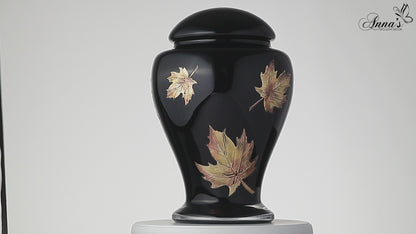 Large Black Memorial Urn for Human Ashes - Handmade Glass Cremation Urn - Etched Painted Metallic Brown Leaves - Black & Bronze - Vol. 183 cubic inch (3L)