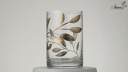 Mouth-Blown Hurricane Candleholder – Golden Etched Leaves – Elegant Wedding/Home Decor – Thick Glass – Decorative 8.7 in (22 cm)