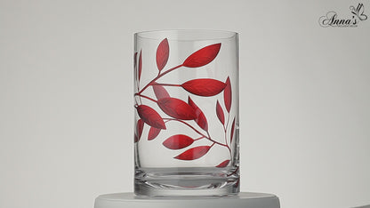Decorative Hurricane Candleholder with Etched & Painted Leaves - Elegant Home Wedding Decor - Mouth Blown Thick Glass - 8.7 in (22 cm) (Red)