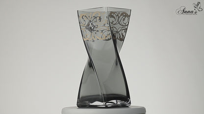 Large Luxury Grey Vase 30 cm - Large Crystal from Swarovski & Golden Pattern - Hand Blown Vase, Smokey Coloured Glass - 11.8 in (30 cm)