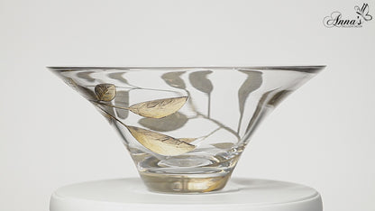 Decorative Glass Bowl Fruit Display - Etched & Hand Painted Gold Leaves - Mouth Blown Glass - Gold - D: 10.2 in (26 cm)