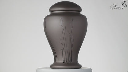 Large Brown Memorial Urn for Human Ashes - Handmade Glass Cremation Urn - Etched Reed, Nature Motif - Brown - Vol. 183 cubic inch (3L)