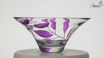 Decorative Glass Bowl Fruit Display - Etched & Hand Painted Purple Leaves - Mouth Blown Glass - Purple - D: 10.2 in (26 cm)
