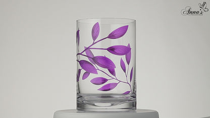 Mouth-Blown Hurricane Candleholder – Purple Etched Leaves – Elegant Wedding/Home Decor – Thick Glass – Decorative 8.7 in (22 cm)