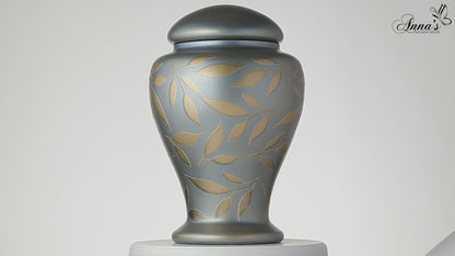 Large Blue Memorial Urn for Human Ashes - Handmade Glass Cremation Urn - Etched Painted Golden Leaves - Light Blue & Gold - Vol. 183 cubic inch (3 L)